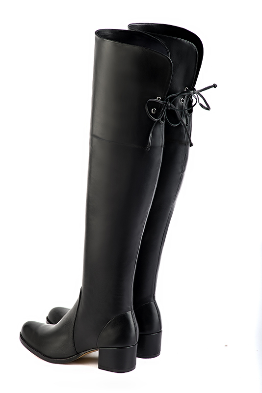 Satin black women's leather thigh-high boots. Round toe. Low leather soles. Made to measure. Rear view - Florence KOOIJMAN